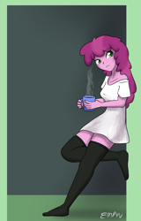 Size: 768x1200 | Tagged: safe, artist:empyu, cheerilee, human, equestria girls, g4, 30 minute art challenge, breasts, clothes, coffee mug, female, looking at you, missing shoes, mug, oversized clothes, oversized shirt, shirt, socks, solo, steam, stocking feet, stockings, tank top, thigh highs