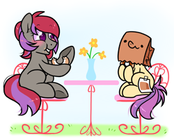 Size: 1500x1200 | Tagged: safe, artist:paperbagpony, oc, oc:paper bag, oc:prismatic curseword, earth pony, pony, bagel, blushing, bread, chair, cute, eating, fake cutie mark, flower, food, herbivore, table, vase