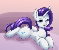 Size: 1900x1600 | Tagged: safe, artist:zachc, rarity, pony, unicorn, g4, bed, blushing, butt, concave belly, female, looking at you, lying down, mare, plot, prone, solo, thighs, thunder thighs