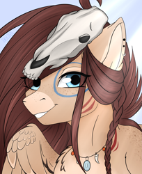 Size: 3017x3693 | Tagged: source needed, useless source url, safe, artist:bellfa, oc, oc only, oc:ondrea, pegasus, pony, blue eyes, braid, brown hair, bust, commission, ear piercing, eye clipping through hair, female, freckles, grin, high res, jewelry, looking at you, mare, necklace, pegasus oc, piercing, portrait, skull, smiling, smiling at you, solo, tribal, wings, ych result