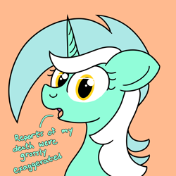 Size: 2000x2000 | Tagged: safe, artist:dafiltafish, lyra heartstrings, g4, bust, female, high res, mare, orange background, simple background, solo, text