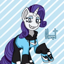 Size: 3000x3000 | Tagged: safe, artist:gloomrotten, rarity, pony, unicorn, g4, clothes, grin, high res, hoodie, lidded eyes, looking at you, pants, sharp teeth, shoes, smiling, sneakers, solo, teeth