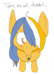 Size: 625x853 | Tagged: safe, anonymous artist, oc, oc only, oc:sun showers, earth pony, pony, blushing, car keys, looking at you, mouth hold, ms paint, simple background, solo, tsundere, white background
