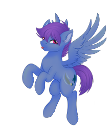 Size: 2626x3000 | Tagged: safe, alternate version, artist:bellfa, oc, oc only, oc:windy dripper, pegasus, pony, commission, ear fluff, eyelashes, feathered wings, full body, high res, looking at you, male, original art, pink eyes, purple hair, raised leg, simple background, smiling, smiling at you, solo, spread wings, stallion, standing, tongue out, transparent background, wings