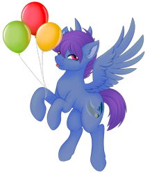 Size: 2626x3000 | Tagged: safe, alternate version, artist:bellfa, oc, oc only, oc:windy dripper, pegasus, pony, balloon, commission, ear fluff, eyelashes, feathered wings, full body, high res, looking at you, male, original art, pink eyes, purple hair, raised leg, simple background, smiling, smiling at you, solo, spread wings, stallion, standing, tongue out, transparent background, wings