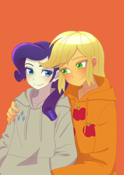 Size: 2894x4093 | Tagged: safe, artist:haibaratomoe, applejack, rarity, human, equestria girls, g4, clothes, cutie mark on clothes, duo, female, freckles, hoodie, lesbian, orange background, ship:rarijack, shipping, simple background