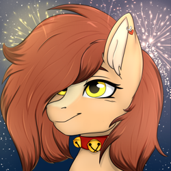 Size: 4050x4050 | Tagged: safe, artist:bellfa, oc, oc only, pony, absurd resolution, bell, bell collar, brown hair, bust, collar, commission, ear fluff, ear piercing, eyelashes, female, hair over one eye, mare, original art, piercing, portrait, smiling, solo, ych result, yellow eyes