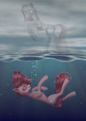 Size: 3508x4960 | Tagged: safe, artist:sstab29, pinkie pie, earth pony, ghost, pony, undead, g4, blue eyes, bubble, cloud, crepuscular rays, eyes closed, female, flowing mane, flowing tail, mare, ocean, open mouth, pink mane, pinkamena diane pie, sky, solo, sunlight, tail, teeth, underwater, water