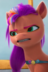 Size: 720x1080 | Tagged: safe, screencap, sunny starscout, earth pony, pony, g5, my little pony: make your mark, my little pony: make your mark chapter 1, spoiler:my little pony: make your mark, angry, cropped, female, gritted teeth, mane stripe sunny, mare, solo, sunny starscout is not amused, teeth, unamused