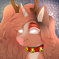 Size: 4050x4050 | Tagged: safe, artist:bellfa, oc, oc only, hybrid, pony, unicorn, absurd resolution, antlers, bell, bell collar, brown hair, bust, collar, commission, empty eyes, female, horn, horns, makeup, original art, portrait, solo, sparks, ych result