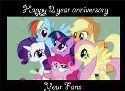 Size: 744x546 | Tagged: safe, edit, edited screencap, screencap, applejack, fluttershy, pinkie pie, rainbow dash, rarity, twilight sparkle, earth pony, pegasus, pony, unicorn, g4, anniversary, artifact, happy birthday mlp:fim, mane six, mlp fim's second anniversary, old art, text, unicorn twilight