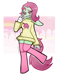Size: 900x1126 | Tagged: safe, artist:puffyrin, oc, oc only, unicorn, anthro, unguligrade anthro, clothes, gloves, grin, horn, smiling, solo, unicorn oc