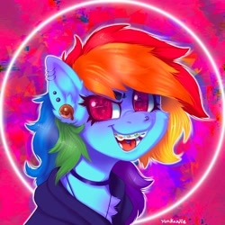 Size: 3500x3500 | Tagged: safe, artist:yumkandie, rainbow dash, pegasus, pony, g4, abstract background, alternate hairstyle, choker, clothes, ear piercing, eyebrow slit, eyebrows, female, high res, hoodie, mare, nose piercing, nose ring, piercing, solo, tongue piercing, wingding eyes