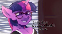 Size: 2048x1154 | Tagged: safe, artist:yumkandie, twilight sparkle, pony, unicorn, g4, alternate universe, american psycho, dialogue, female, glasses, hooves together, implied rainbow dash, let's see paul allen's card, misleading thumbnail, office, patrick bateman, solo, text, unicorn twilight