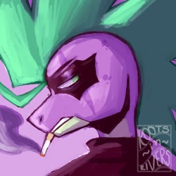 Size: 2000x2000 | Tagged: safe, artist:gothalite, spike, dragon, g4, bust, cigarette, clothes, face paint, high res, nonbinary, nonbinary spike, purple background, simple background, smoking