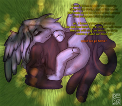 Size: 1280x1109 | Tagged: safe, artist:gothalite, oc, oc only, pegasus, pony, dialogue, eyes closed, hug, outdoors, pegasus oc, sleeping, snuggling, wings