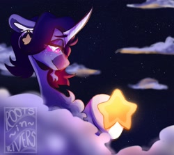 Size: 2355x2099 | Tagged: safe, artist:gothalite, oc, oc only, pony, unicorn, bedroom eyes, bust, chest fluff, high res, hoof hold, horn, night, solo, stars, tangible heavenly object, unicorn oc