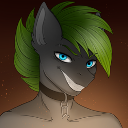 Size: 4050x4050 | Tagged: safe, artist:bellfa, oc, oc only, unnamed oc, anthro, absurd resolution, anthro oc, blue eyes, bust, collar, commission, ear fluff, eyebrow piercing, eyebrows, eyebrows visible through hair, gradient background, green hair, grin, looking at you, male, original art, piercing, portrait, smiling, smiling at you, solo, teeth