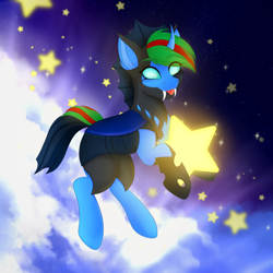 Size: 4050x4050 | Tagged: safe, artist:bellfa, oc, oc only, oc:wander bliss, changeling, absurd resolution, commission, empty eyes, fangs, full body, green hair, horn, male, original art, solo, stars, tongue out, ych result