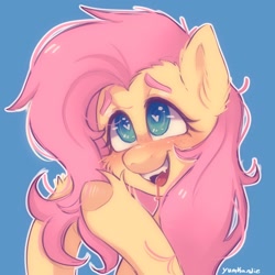 Size: 2048x2048 | Tagged: safe, artist:yumkandie, fluttershy, pegasus, pony, g4, blushing, cute, cute little fangs, fangs, female, heart, heart eyes, high res, shyabetes, simple background, solo, tongue out, wingding eyes