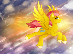 Size: 4050x3018 | Tagged: safe, artist:bellfa, oc, oc only, pegasus, pony, blue eyes, cloud, commission, ear fluff, eyelashes, female, flying, full body, high res, leg fluff, mare, original art, pink hair, red hair, sky, smiling, solo, spread wings, wings, ych result