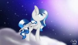 Size: 1280x750 | Tagged: safe, artist:prettyshinegp, oc, oc only, pegasus, pony, cloud, female, looking up, mare, night, on a cloud, pegasus oc, signature, solo, stars, wings