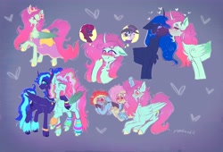 Size: 4096x2778 | Tagged: safe, artist:yumkandie, oc, oc:aria, alicorn, pegasus, pony, unicorn, zebra, 80s, 80s princess luna, alicorn oc, broken horn, canon x oc, chest fluff, clothes, colored sketch, colored wings, controller, crying, curved horn, facial hair, female, goatee, hair accessory, heart, heart eyes, horn, jewelry, leg warmers, lesbian, necklace, nuzzling, ponytail, regalia, scar, shipping, simple background, sketch, sketch dump, thought bubble, unshorn fetlocks, wingding eyes, wings, wristband