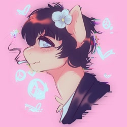 Size: 3500x3500 | Tagged: safe, artist:yumkandie, earth pony, pony, chest fluff, clothes, error, flower, flower in hair, glitch, heart, heart eyes, high res, male, peace sign, ponified, ringo starr, simple background, smoking, solo, the beatles, wingding eyes