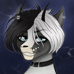 Size: 4050x4050 | Tagged: safe, artist:bellfa, oc, oc only, oc:viscount, pony, absurd resolution, blue eyes, bust, collar, commission, ear piercing, fangs, grin, horn, horn piercing, horns, looking at you, male, original art, piercing, portrait, smiling, smiling at you, solo
