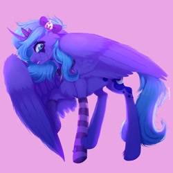 Size: 2048x2048 | Tagged: safe, artist:yumkandie, princess luna, alicorn, pony, g4, bow, chest fluff, choker, clothes, curved horn, emo, female, fishnet stockings, hair bow, high res, horn, jewelry, makeup, regalia, running makeup, s1 luna, simple background, sock, socks, solo, spiked choker, striped socks
