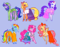 Size: 2048x1621 | Tagged: safe, artist:yumkandie, applejack, fluttershy, pinkie pie, rainbow dash, rarity, twilight sparkle, earth pony, pegasus, pony, unicorn, g4, bow, clothes, cosplay, costume, crossover, curved horn, dress, encanto, female, glasses, hair bow, horn, mane six, mare, poncho, ponified, simple background, unicorn twilight