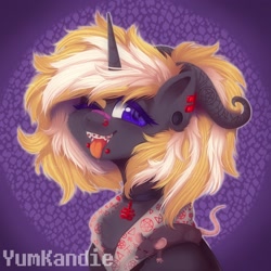 Size: 2048x2048 | Tagged: safe, artist:yumkandie, oc, oc only, pony, rat, unicorn, bandaid, bandaid on nose, braces, choker, clothes, devil horns, ear piercing, earring, female, high res, horns, jewelry, leviathan cross, lip piercing, nose piercing, nose ring, pentagram, pet, piercing, satanism, snake bites, tongue out