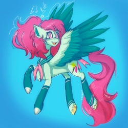 Size: 2048x2048 | Tagged: safe, artist:yumkandie, oc, oc only, oc:aria, pegasus, pony, chest fluff, clothes, colored wings, eyebrows, eyebrows visible through hair, female, flying, high res, music notes, ponytail, sailor uniform, socks, solo, thigh highs, uniform, wings