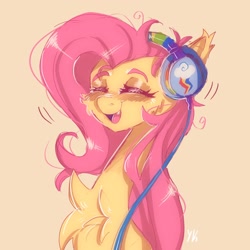 Size: 2048x2048 | Tagged: safe, artist:yumkandie, fluttershy, bat pony, pony, g4, bat ponified, blushing, chest fluff, fangs, female, flutterbat, headphones, high res, listening to music, race swap, rainbow dash's cutie mark, simple background, solo