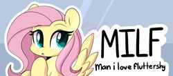 Size: 1867x818 | Tagged: safe, artist:sakukitty, fluttershy, pegasus, pony, :o, blushing, cute, female, mare, milf, open mouth, shyabetes, solo, spread wings, text, watermark, wings