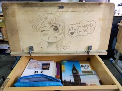 Size: 4000x3000 | Tagged: safe, artist:毛存伟岸, derpy hooves, pegasus, pony, g4, chinese, desk, irl, one eye closed, photo, solo, traditional art, wings, wink