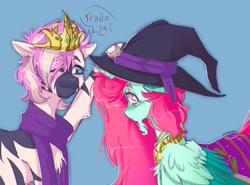 Size: 2048x1514 | Tagged: safe, artist:yumkandie, oc, oc only, oc:aria, alicorn, pony, zebra, alicorn oc, clothes, clothes swap, colored wings, crown, duo, ear piercing, earring, facial hair, female, goatee, hat, horn, jewelry, piercing, regalia, scarf, wings, witch hat, zebra oc