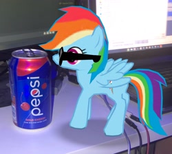 Size: 2048x1837 | Tagged: safe, artist:yumkandie, gameloft, rainbow dash, pegasus, pony, g4, 3d, 3d model, augmented reality, computer, desk, discord (program), female, glasses, laptop computer, monitor, pepsi, real life background, soda, solo