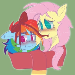 Size: 1500x1500 | Tagged: safe, artist:yumkandie, fluttershy, rainbow dash, pegasus, pony, g4, bow, clothes, duo, ear piercing, eyebrow piercing, eyebrow slit, eyebrows, female, heart, heart eyes, lesbian, piercing, present, scarf, shared clothing, shared scarf, ship:flutterdash, shipping, simple background, wingding eyes, wrapped up