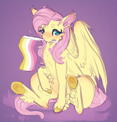 Size: 1814x1896 | Tagged: safe, artist:fussypaws, fluttershy, pegasus, pony, g4, blushing, cute, female, flag, headcanon, heart, hoof fluff, looking at you, mouth hold, pride, pride flag, purple background, raised hoof, sexuality headcanon, shyabetes, simple background, sitting, solo, wings