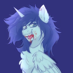 Size: 2048x2048 | Tagged: safe, artist:yumkandie, oc, oc:prince nova, alicorn, pony, alicorn oc, blood, chest fluff, ear piercing, earring, fangs, high res, horn, jewelry, licking, licking lips, male, piercing, solo, tongue out, wings