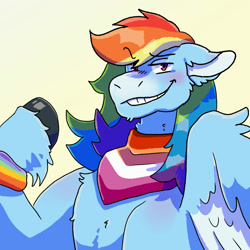Size: 2000x2000 | Tagged: safe, artist:flyingeevees, rainbow dash, pegasus, pony, g4, bandana, blushing, bracelet, female, fluffy, gritted teeth, headcanon, high res, jewelry, lesbian pride flag, looking at you, pride, pride flag, rainbow flag, raised eyebrow, raised hoof, sexuality headcanon, simple background, solo, teeth, white background