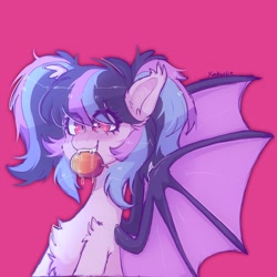 Size: 2048x2048 | Tagged: safe, artist:yumkandie, oc, oc only, bat pony, pony, bat pony oc, biting, chest fluff, female, fruit, high res, mare, pigtails, solo, twintails
