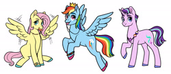 Size: 2048x884 | Tagged: safe, artist:mobylace, fluttershy, rainbow dash, starlight glimmer, pegasus, pony, unicorn, g4, adhd, autism, autistic fluttershy, badge, bracelet, chewing, crown, eating, female, flapping, flapping wings, flying, gender headcanon, headcanon, jewelry, lesbian, lesbian pride flag, lgbt, lgbt headcanon, looking at you, mouth hold, necklace, neurodivergent, neurodivergent headcanon, nonbinary, nonbinary pride flag, pride, pride flag, raised hoof, regalia, sexuality headcanon, short mane, short tail, simple background, sitting, standing, stimming, tail, trio, white background, wings