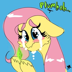 Size: 2048x2048 | Tagged: safe, artist:yumkandie, fluttershy, pegasus, pony, g4, crying, dialogue, female, high res, plumbob, simple background, solo, text, the sims, video game, video game crossover