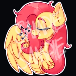 Size: 2048x2048 | Tagged: safe, artist:yumkandie, fluttershy, pegasus, pony, g4, chest fluff, ear fluff, female, high res, music notes, obtrusive watermark, singing, solo, sticker, watermark