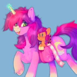 Size: 1024x1024 | Tagged: safe, artist:yumkandie, sunny starscout, oc, oc:bloom moonbeam, earth pony, pony, unicorn, g5, bag, book, clothes, female, horn, mealy mouth (coat marking), plushie, saddle bag, scarf, simple background, solo, striped scarf, unicorn oc