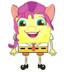 Size: 314x353 | Tagged: safe, edit, sunny starscout, g5, clothes, crossover, cursed image, looking at you, male, pants, similarities, simple background, smiling, spongebob squarepants, spongebob squarepants (character), square, transformation, transgender, wat, white background, why