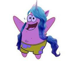 Size: 226x209 | Tagged: safe, edit, izzy moonbow, g5, my little pony: a new generation, abomination, clothes, crossover, cursed image, male, pants, partial nudity, patrick star, similarities, simple background, spongebob squarepants, topless, transformation, white background, why