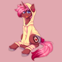 Size: 2048x2048 | Tagged: safe, artist:yumkandie, oc, oc only, oc:heartstring fiddler, pegasus, pony, unicorn, bow, chest fluff, clothes, ear piercing, high res, hoodie, old cutie mark, pegasus oc, piercing, simple background, socks, solo, tail, tail bow, tongue out, unshorn fetlocks